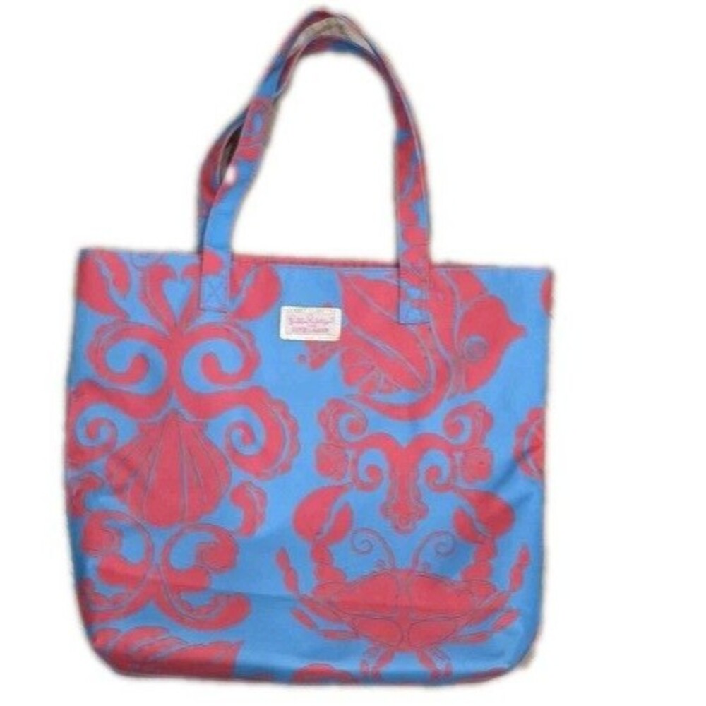 Lilly Pulitzer Estee Lauder Tote Bag Blue Pink Crab Coastal Shell Beach Canvas